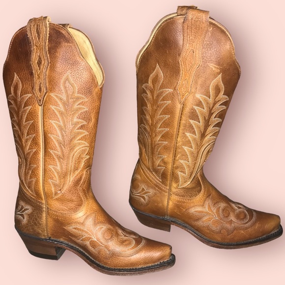 Boulet Western Tan Cowhide Leather Snip Toe Cutter Heel Cowboy Boots - Picture 7 of 14